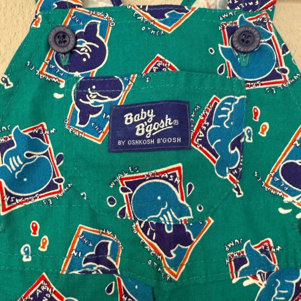 NWT OshKosh B'Gosh Whale Print Shortalls‎ Baby 3/6M Teal Vintage Overalls